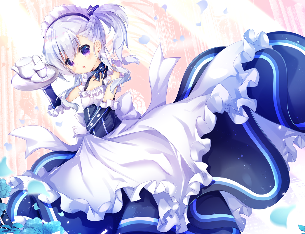 :o apron azur_lane bangs belchan_(azur_lane) belfast_(azur_lane) blue_dress blue_flower blush braid breasts collarbone commentary_request cup dress elbow_gloves eyebrows_visible_through_hair flower frilled_apron frills gloves hair_between_eyes holding holding_tray maid maid_headdress nanamomo_rio one_side_up parted_lips petals purple_eyes saucer silver_hair sleeveless sleeveless_dress small_breasts solo teacup teapot tray waist_apron white_apron white_gloves