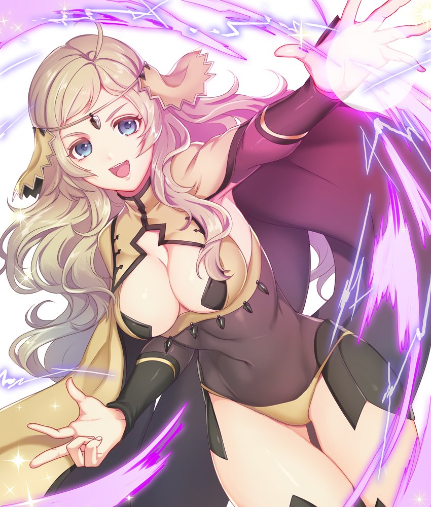 ahoge blonde_hair blue_eyes breasts brown_cape cape center_opening circlet cleavage cleavage_cutout commentary_request covered_navel fire_emblem fire_emblem_if hand_gesture kokouno_oyazi long_hair medium_breasts navel open_mouth ophelia_(fire_emblem_if) simple_background solo upper_teeth wavy_hair white_background