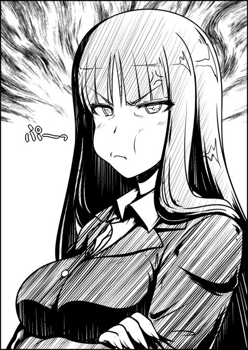 a-teru_haito anger_vein bangs blunt_bangs breasts commentary_request crossed_arms girls_und_panzer greyscale large_breasts long_hair looking_at_viewer monochrome nishizumi_shiho pout solo