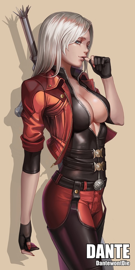 artist_name banned_artist beige_background belt belt_buckle black_gloves blue_eyes breasts buckle character_name cleavage dante_(devil_may_cry) devil_may_cry eyelashes genderswap genderswap_(mtf) gloves jacket large_breasts long_hair nail_polish pants partly_fingerless_gloves red_jacket red_nails simple_background solo sword sword_behind_back thumb_to_mouth weapon white_hair yinan_cui