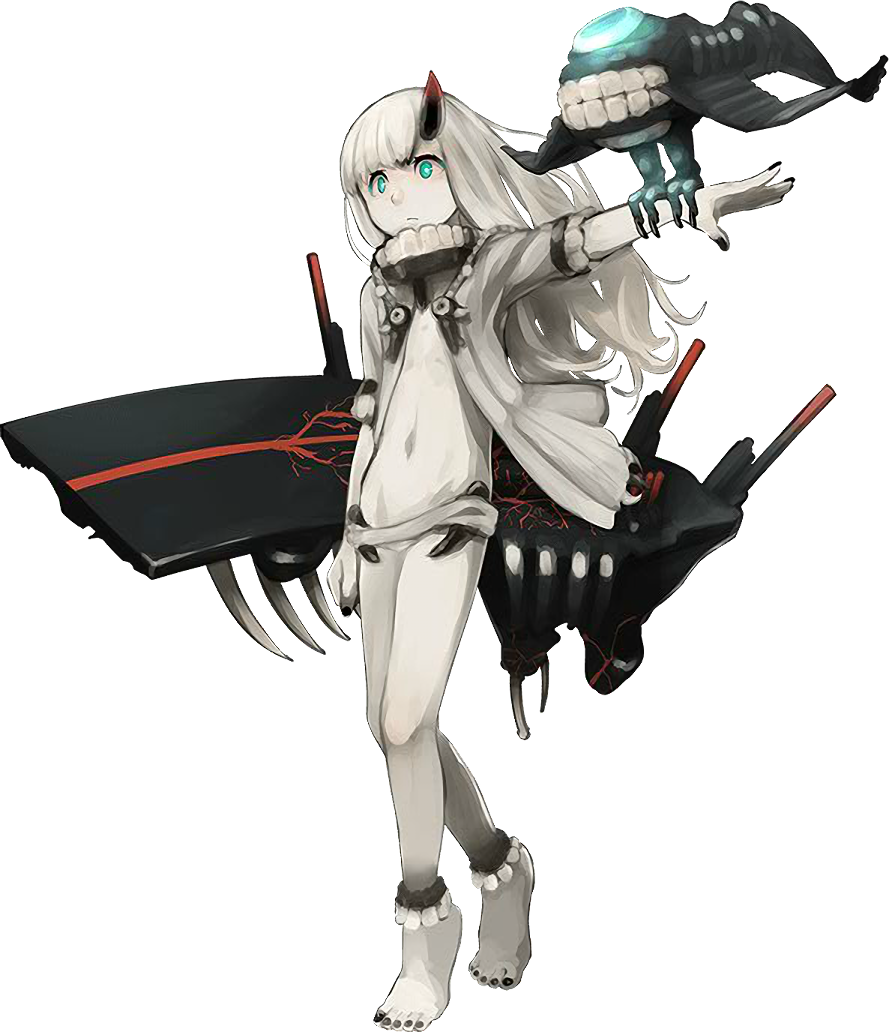 abyssal_patrolling_attack_hawk aqua_eyes barefoot bird_on_arm black_nails closed_mouth flat_chest flight_deck full_body german_escort_hime horn jacket kantai_collection long_hair nail_polish official_art oni_horn open_clothes open_jacket outstretched_arm shibafu_(glock23) shinkaisei-kan solo teeth toenail_polish transparent_background turret white_hair white_jacket white_skin