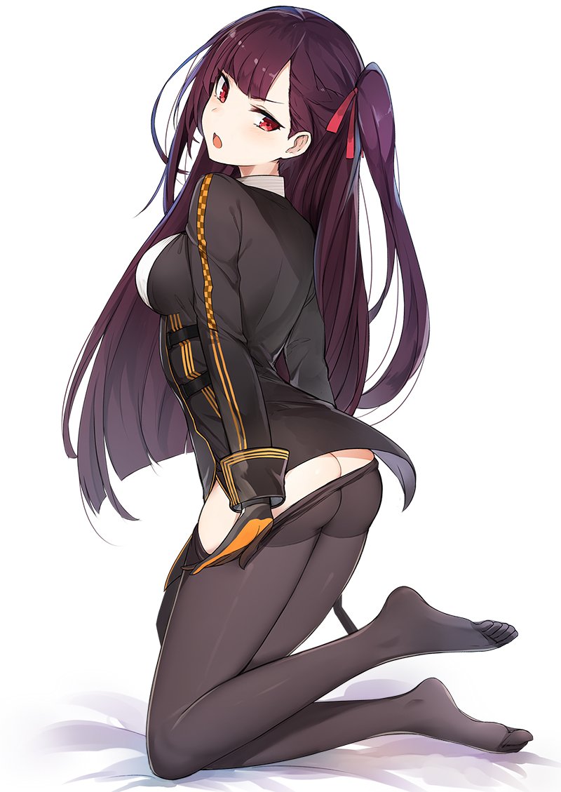 ass bangs black_legwear blazer blush braid breasts collared_shirt commentary_request eyebrows_visible_through_hair foot_up french_braid from_side girls_frontline gloves hair_ribbon half_updo jacket kneeling large_breasts long_hair long_sleeves looking_at_viewer looking_back luse_maonang necktie no_shoes one_side_up open_mouth pantyhose pantyhose_pull pelvic_curtain purple_hair red_eyes red_neckwear red_ribbon ribbon shirt simple_background skindentation solo thighband_pantyhose very_long_hair wa2000_(girls_frontline)
