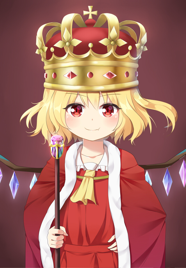 &gt;:) agung_syaeful_anwar alternate_headwear ascot bangs blonde_hair brown_background cloak closed_mouth collarbone commentary commission crown crystal dress english_commentary eyebrows_visible_through_hair fang fang_out flandre_scarlet hair_between_eyes hand_on_hip holding holding_staff red_cloak red_dress red_eyes simple_background smile solo staff touhou v-shaped_eyebrows wings yellow_neckwear