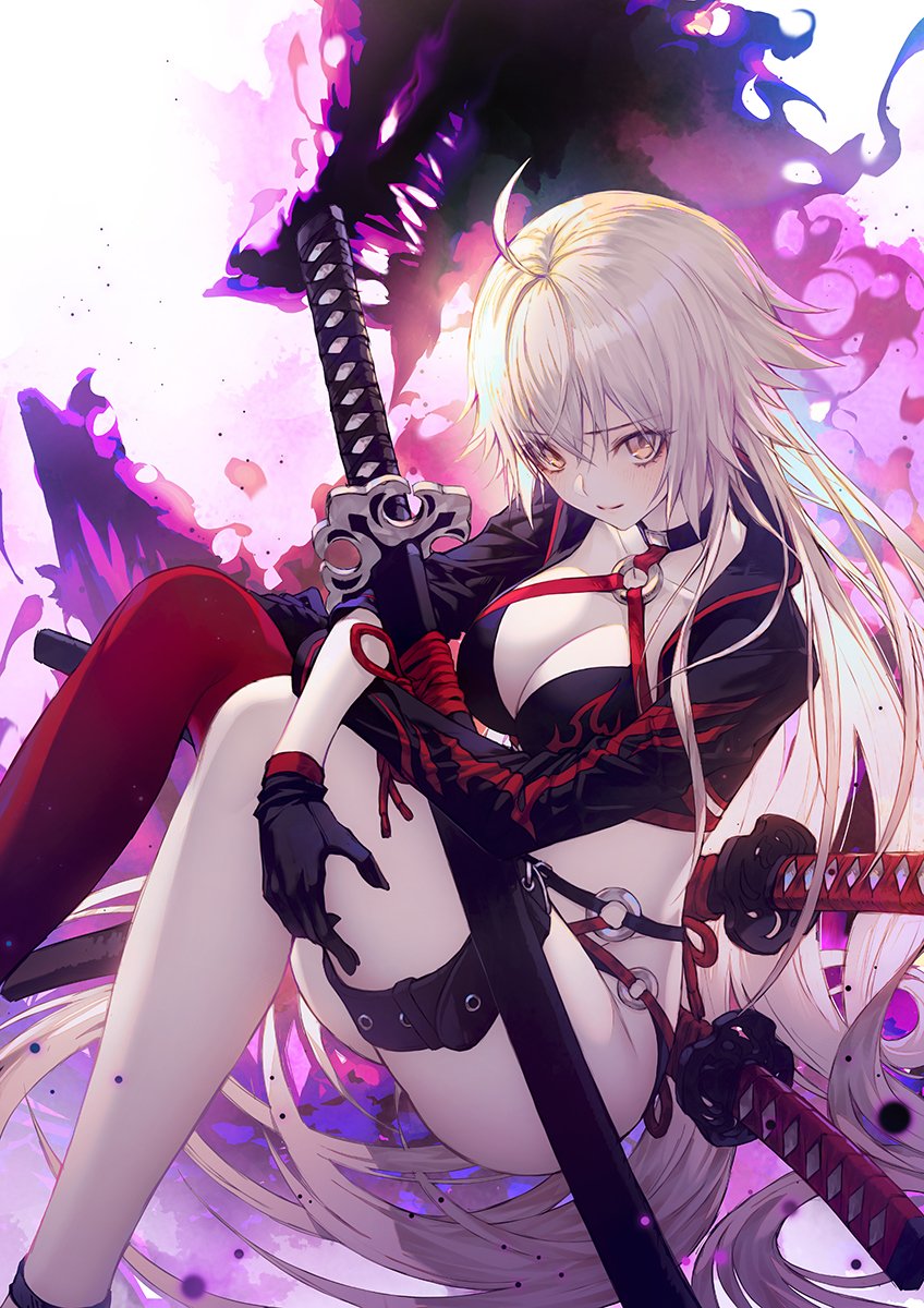 ahoge bangs bikini black_bikini black_choker black_fire black_gloves black_jacket breasts choker cleavage commentary_request cropped_jacket dragon eyebrows_visible_through_hair fate/grand_order fate_(series) fire gloves hair_between_eyes highres jacket jeanne_d'arc_(alter_swimsuit_berserker) jeanne_d'arc_(fate)_(all) katana large_breasts long_hair o-ring o-ring_bikini o-ring_bottom o-ring_top red_legwear shrug_(clothing) silver_hair single_thighhigh smile solo swimsuit sword thigh_strap thighhighs wanke weapon yellow_eyes
