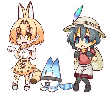 :d animal_ears backpack bag bangs black_footwear black_gloves black_legwear blush bow bowtie commentary elbow_gloves extra_ears eyebrows_visible_through_hair full_body gloves grey_shorts hair_between_eyes hands_up hat_feather helmet high-waist_skirt hono kaban_(kemono_friends) kemono_friends light_brown_hair lowres lucky_beast_(kemono_friends) multiple_girls open_mouth pantyhose pith_helmet print_gloves print_legwear print_neckwear print_skirt red_shirt robot serval_(kemono_friends) serval_ears serval_print serval_tail shirt shoes short_shorts short_sleeves shorts simple_background skirt sleeveless sleeveless_shirt smile standing striped_tail tail thighhighs white_background white_footwear white_gloves white_shirt