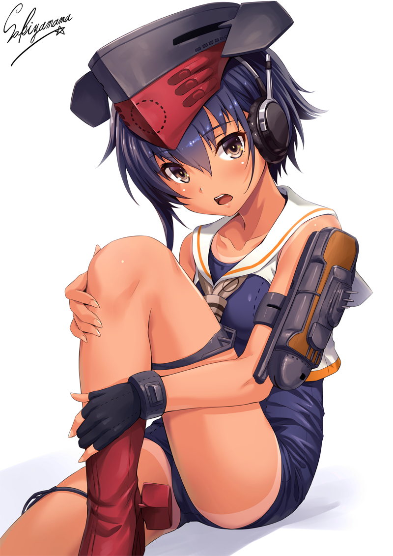 :o artist_name ass asymmetrical_hair bangs bare_shoulders black_gloves blue_hair blue_swimsuit blush boots breasts brown_eyes brown_neckwear cannon collarbone crop_top dark_skin eyebrows_visible_through_hair fingernails framed_breasts gloves hands_on_own_leg hat head_tilt headset i-14_(kantai_collection) kantai_collection knee_boots knee_up looking_at_viewer machinery neckerchief one-piece_swimsuit one-piece_tan open_mouth partly_fingerless_gloves red_footwear sailor_collar sakiyamama school_swimsuit short_hair side_ponytail simple_background single_glove sitting sleeveless small_breasts solo swimsuit tan tanline thigh_strap thighs turret white_background