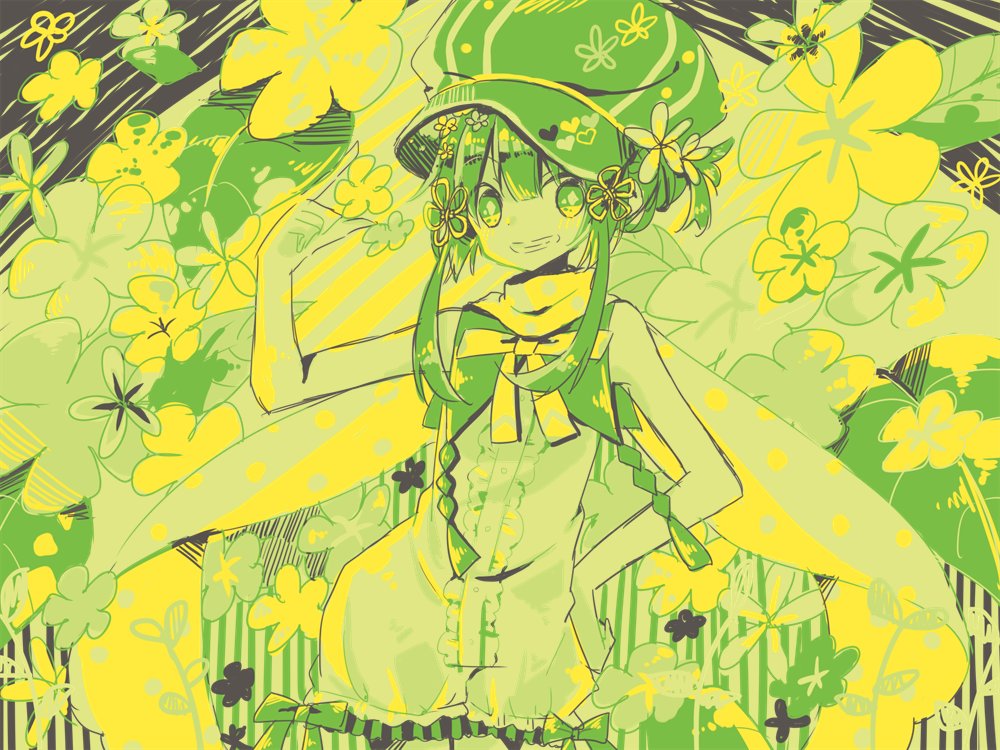 bangs bow cape character_request copyright_request cowboy_shot diamond_(shape) flower frills green green_eyes green_hair hand_on_hip hat heart hiro_(a_ci) long_hair looking_at_viewer monochrome sidelocks sleeveless smile solo symbol-shaped_pupils