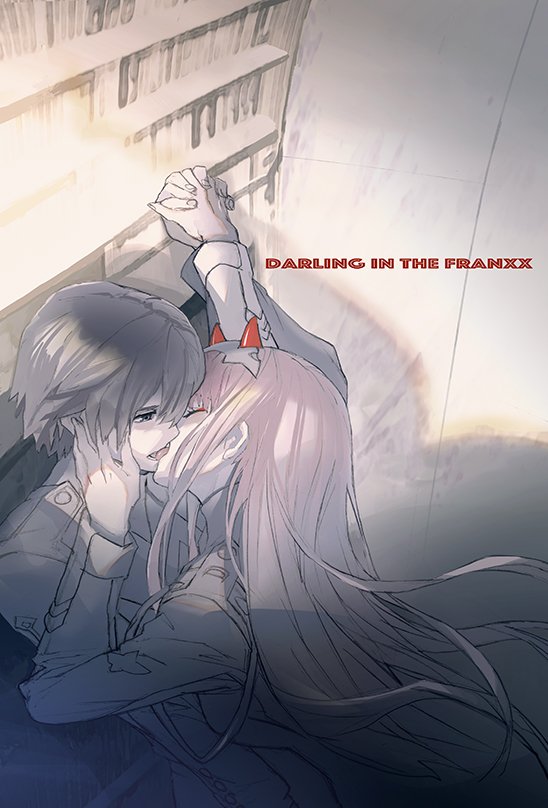 1girl bangs blue_eyes closed_eyes commentary_request copyright_name couple darling_in_the_franxx floating_hair french_kiss hair_ornament hairband hand_on_another's_face hand_up hetero hiro_(darling_in_the_franxx) holding_hands horns interlocked_fingers kiss limited_palette long_hair long_sleeves looking_at_another maeshima_shigeki military military_uniform oni_horns pink_hair red_horns tongue tongue_out uniform white_hairband zero_two_(darling_in_the_franxx)