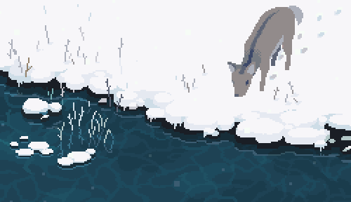 animated_gif day deer lowres no_humans original outdoors pixel_art river snow snowing sunlight toyoi_yuuta water