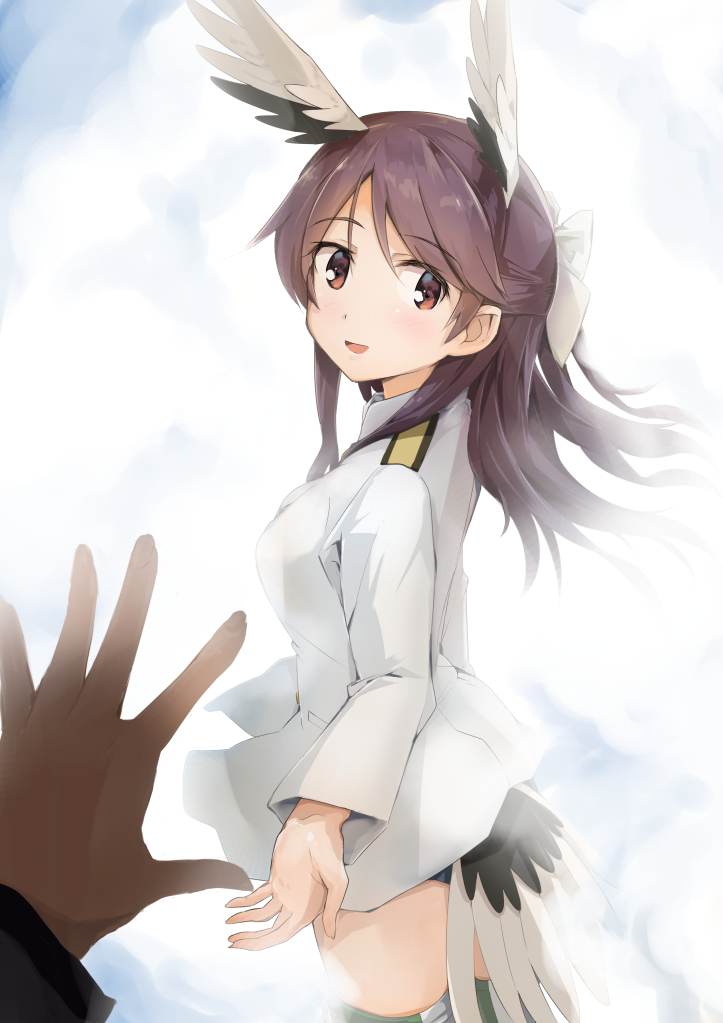 animal_ears bird_ears bird_tail bow brave_witches brown_eyes brown_hair cloud cloudy_sky commentary eyebrows_visible_through_hair flying from_side hair_bow jacket karibuchi_takami long_hair long_sleeves looking_at_viewer military military_uniform no_pants open_mouth out_of_frame outdoors pov pov_hands shuiro_(frog-16) sky smile solo_focus standing swimsuit swimsuit_under_clothes uniform white_background white_jacket world_witches_series