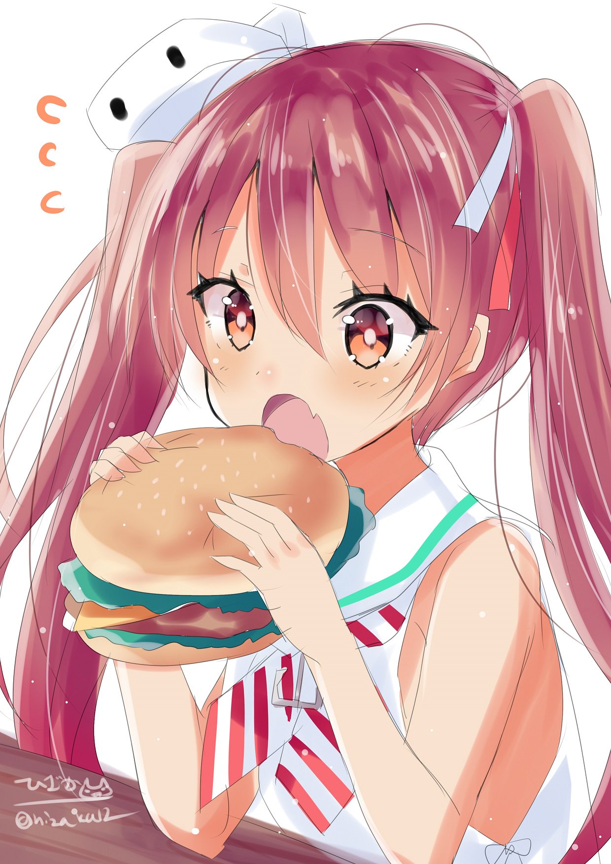 :o bangs bare_arms bare_shoulders blush brown_hair cheese commentary_request diagonal-striped_neckwear dress eating eyebrows_visible_through_hair eyelashes fang flying_sweatdrops food hair_between_eyes hair_ribbon hamburger hands_up highres hizaka holding holding_food kantai_collection lettuce libeccio_(kantai_collection) long_hair neckerchief open_mouth raised_eyebrows red_eyes ribbon sailor_collar sailor_dress sesame_seeds simple_background sleeveless sleeveless_dress solo striped striped_neckwear table twintails twitter_username white_background white_dress white_sailor_collar wide-eyed