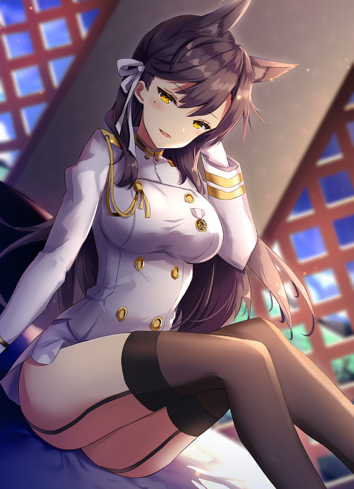 animal_ears arm_support ass atago_(azur_lane) azur_lane bangs black_hair black_legwear blue_sky blush breasts brown_eyes cloud commentary_request day extra_ears eyebrows_visible_through_hair gloves hair_ribbon hand_behind_head hand_on_own_head indoors jacket knees_up large_breasts light_particles long_hair looking_at_viewer medal military military_uniform miniskirt mole mole_under_eye non_(nobu) open_mouth ribbon sidelocks sitting skirt sky smile solo swept_bangs thighhighs thighs uniform white_jacket white_ribbon white_skirt