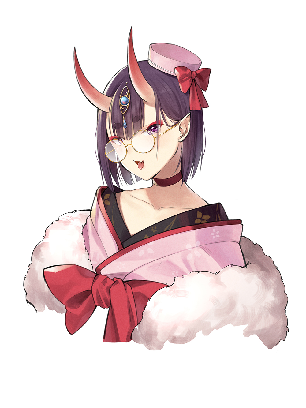 bangs blush bow choker collarbone fang fate/grand_order fate_(series) fur_trim glasses hat hat_bow highres horns japanese_clothes kimono mini_hat oni oni_horns open_mouth philomelalilium pink_hat pink_kimono purple_eyes purple_hair red_bow red_choker round_eyewear short_hair shuten_douji_(fate/grand_order) simple_background solo thick_eyebrows tongue tongue_out white_background