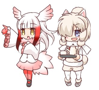 :d :o alpaca_ears alpaca_suri_(kemono_friends) alpaca_tail animal_ears arm_up bangs bird_tail black_footwear blue_eyes blunt_bangs blush_stickers brown_eyes brown_shorts commentary cup eyebrows_visible_through_hair full_body fur-trimmed_sleeves fur_trim gloves hair_over_one_eye head_wings holding holding_tray hono japanese_crested_ibis_(kemono_friends) kemono_friends light_brown_hair long_hair long_sleeves lowres multicolored_hair multiple_girls open_mouth pantyhose pink_skirt pleated_skirt red_gloves red_hair red_legwear shirt shoes short_shorts shorts simple_background skirt smile standing streaked_hair tail teacup teapot tray white_background white_footwear white_hair white_legwear white_shirt white_wings wide_sleeves wings