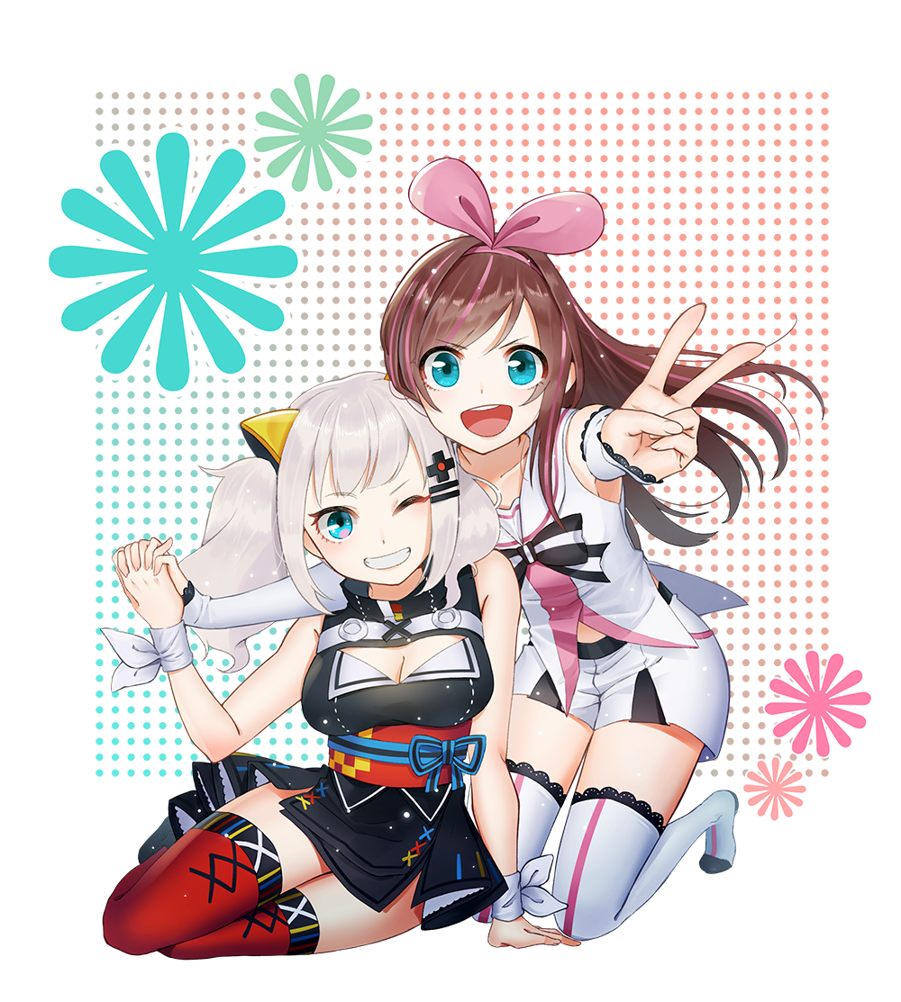 :d a.i._channel arm_warmers bangs bare_shoulders black_bow black_dress bow breasts cleavage cleavage_cutout dress hair_ornament hairband hairclip holding_hands interlocked_fingers kaguya_luna kaguya_luna_(character) kizuna_ai kneeling lace lace-trimmed_sleeves lace-trimmed_thighhighs medium_breasts multicolored_hair multiple_girls obi open_mouth pink_hair pink_hairband pink_ribbon red_legwear ribbon sailor_collar sash shirt short_shorts shorts side_slit silver_hair sitting sleeveless sleeveless_dress sleeveless_shirt smile streaked_hair swept_bangs thighhighs twintails v v-shaped_eyebrows virtual_youtuber white_ribbon white_sailor_collar white_shorts wrist_ribbon x_hair_ornament yokozuwari zettai_ryouiki zombie_(rkdup11)