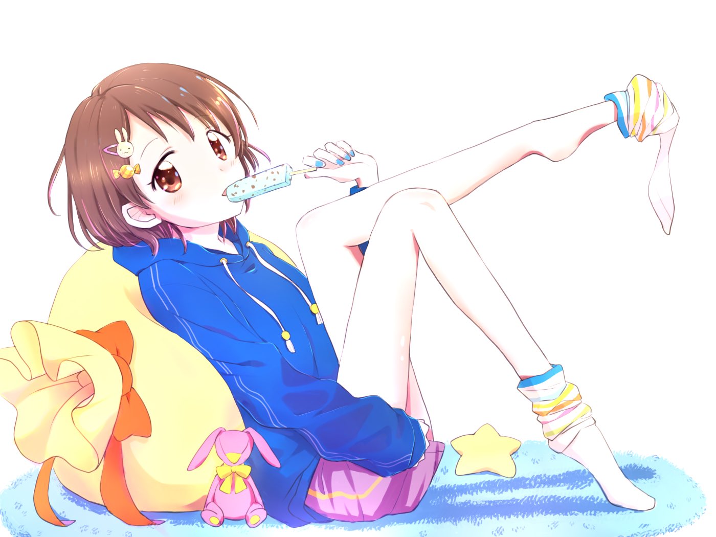 bad_id bad_twitter_id bare_legs brown_eyes brown_hair commentary_request food hair_ornament hairclip hood hoodie idolmaster idolmaster_cinderella_girls knees_up long_sleeves looking_at_viewer nail_polish noppo_(yellow_desk) popsicle rug sack sasaki_chie short_hair sitting socks_removed solo stuffed_toy white_background