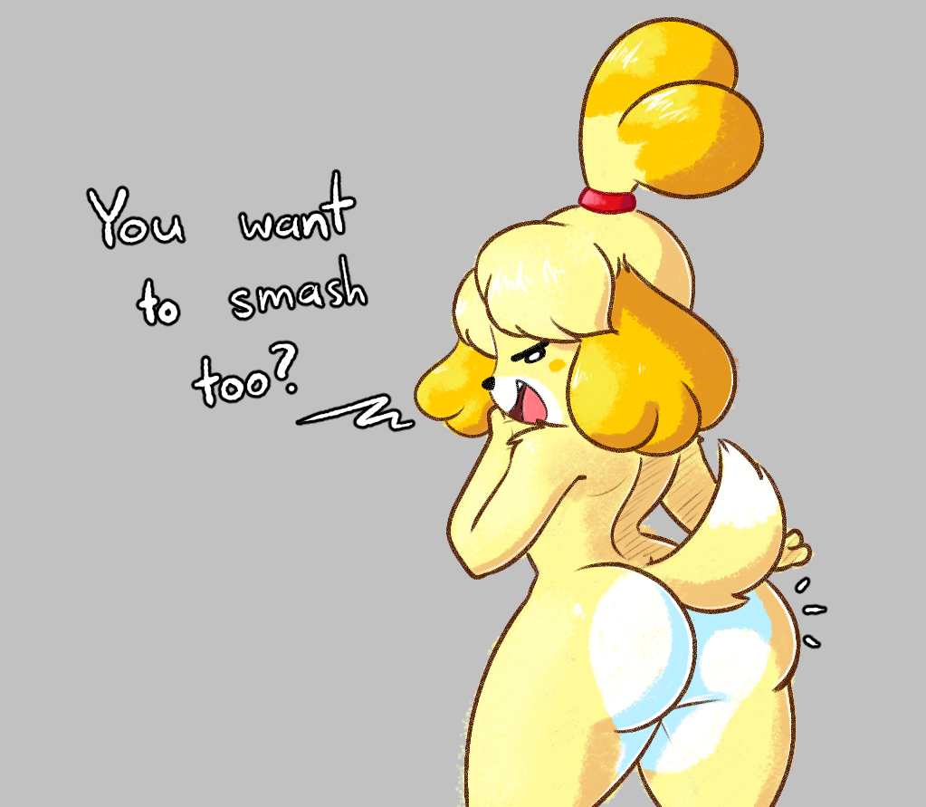 2018 animal_crossing anthro butt butt_focus canine digital_drawing_(artwork) digital_media_(artwork) dog female fur grey_background iamaneagle_(artist) isabelle_(animal_crossing) looking_at_viewer mammal nintendo nude open_mouth shih_tzu short_stack simple_background smile solo standing video_games white_fur yellow_fur