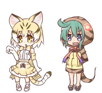 animal_ears bangs bare_shoulders blonde_hair blue_eyes blush cat_ears cat_girl cat_tail commentary_request elbow_gloves eyebrows_visible_through_hair full_body geta gloves green_hair hair_between_eyes hands_in_pockets hono hood hood_up hoodie kemono_friends lowres multicolored_hair multiple_girls neck_ribbon open_mouth parted_lips pink_ribbon pleated_skirt print_gloves ribbon sand_cat_(kemono_friends) sand_cat_print shirt short_hair simple_background skirt sleeveless sleeveless_shirt snake_tail standing striped_hoodie striped_tail tail tsuchinoko_(kemono_friends) wavy_mouth white_background white_gloves white_hair white_shirt yellow_eyes yellow_skirt