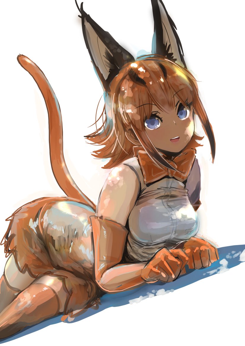 animal_ears blue_eyes bow bowtie brown_gloves brown_hair brown_legwear brown_neckwear brown_skirt caracal_(kemono_friends) caracal_ears caracal_tail commentary elbow_gloves extra_ears eyebrows_visible_through_hair gloves kemono_friends long_hair lying mizumanjiu_(himeno_suika) on_stomach shadow shirt simple_background sketch skirt sleeveless sleeveless_shirt solo spotted_hair tail thighhighs white_background