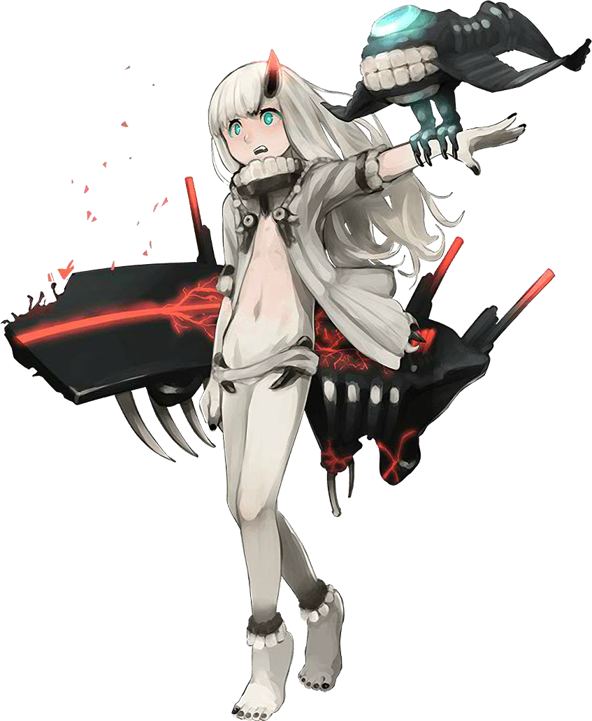 abyssal_patrolling_attack_hawk aqua_eyes barefoot bird_on_arm black_nails blush damaged flat_chest flight_deck full-face_blush full_body german_escort_hime glowing_lines horn jacket kantai_collection long_hair nail_polish official_art oni_horn open_clothes open_jacket open_mouth outstretched_arm shibafu_(glock23) shinkaisei-kan solo teeth toenail_polish transparent_background turret white_hair white_jacket white_skin