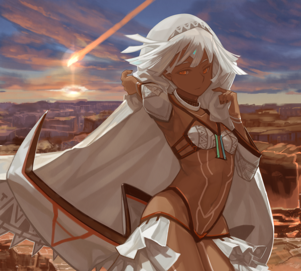 altera_(fate) arm_up armpits bangs black_nails blunt_bangs breasts brown_eyes canyon choker closed_mouth collarbone commentary_request dark_skin day expressionless fate/grand_order fate_(series) fingernails full_body_tattoo headdress hips light_trail looking_at_viewer midriff multicolored multicolored_sky nail_polish navel outdoors revealing_clothes rock short_hair skirt sky small_breasts solo standing stomach stomach_tattoo sun tan tattoo teke_(exploration) thighs veil white_hair white_skirt