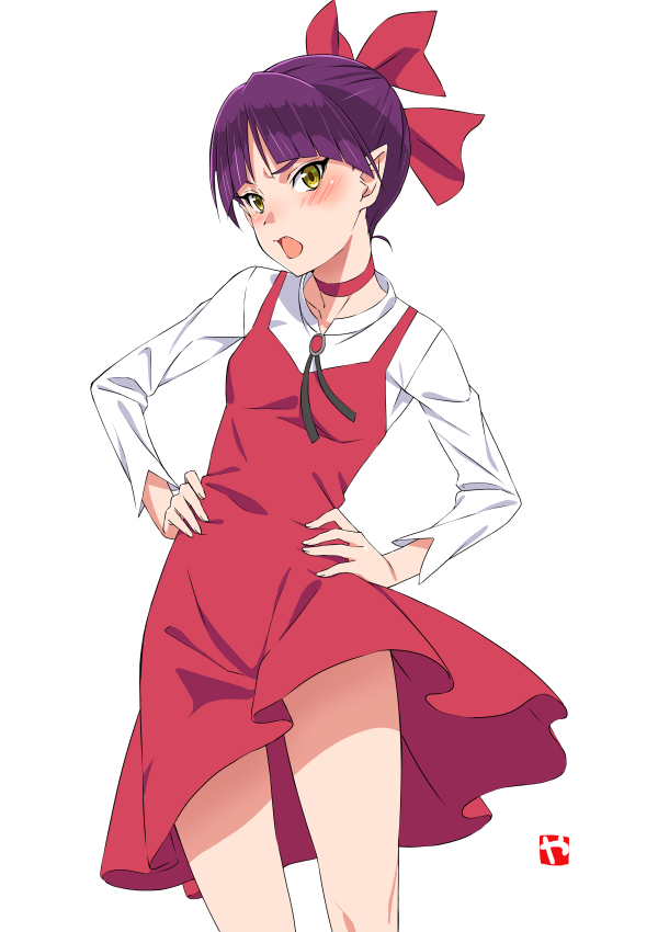 bangs blush bolo_tie bow cat_girl choker contrapposto dress dress_lift embarrassed gegege_no_kitarou hair_bow hair_bun hands_on_hips long_sleeves nekomusume nekomusume_(gegege_no_kitarou_6) pinafore_dress pointy_ears purple_hair red_bow red_choker red_dress shirt white_background white_shirt yamazaki_(now_printing) yellow_eyes