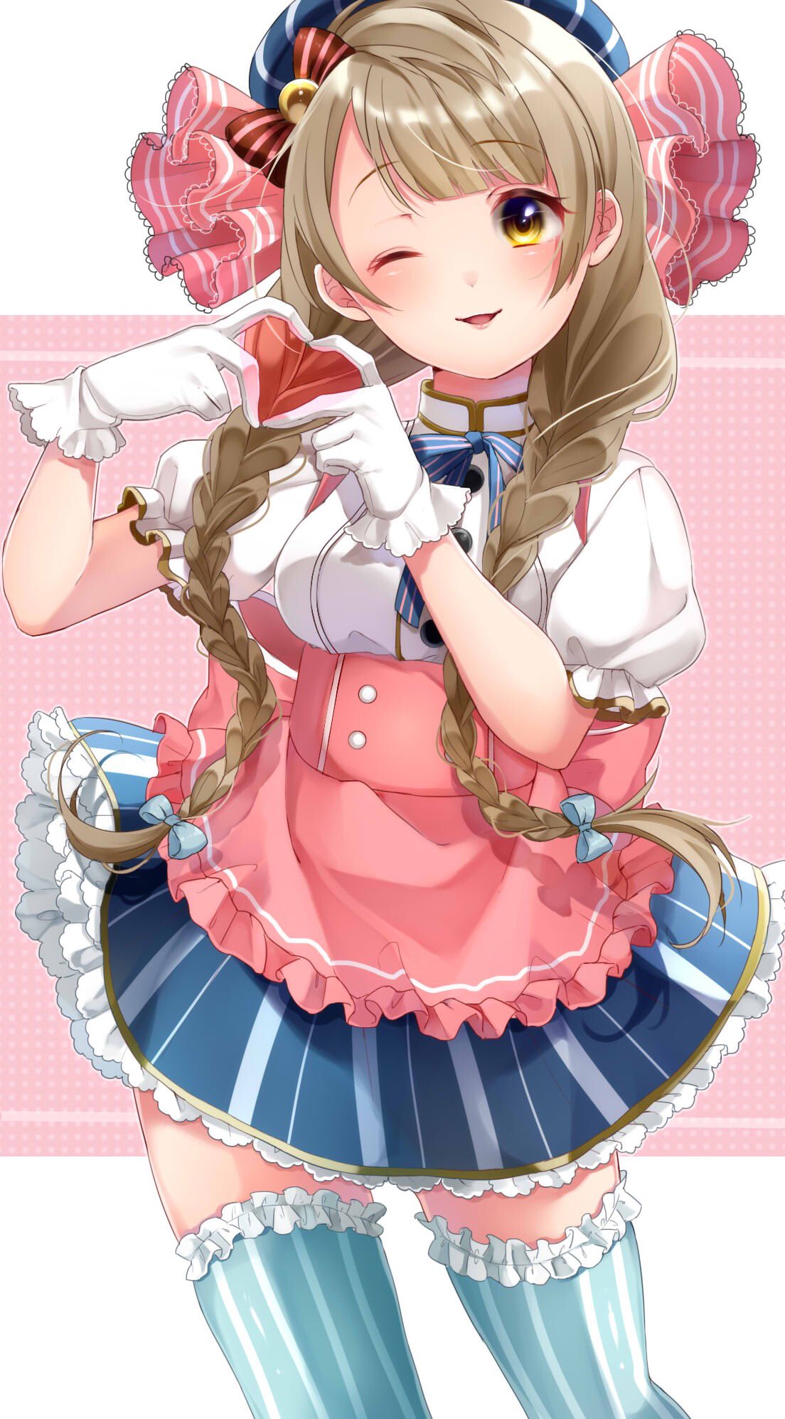 ;d alternate_hairstyle bangs blue_bow blue_hat blue_legwear blue_neckwear blush bow braid brown_hair candy_wrapper eyebrows_visible_through_hair frilled_legwear frilled_sleeves frills gloves grey_hair hair_bow hat heart heart_hands highres long_hair love_live! love_live!_school_idol_project minami_kotori neck_ribbon one_eye_closed open_mouth puffy_sleeves ribbon shirt short_sleeves shuga_(0329tixi) skirt smile solo striped striped_bow striped_hat striped_legwear striped_neckwear textless thighhighs twin_braids vertical-striped_legwear vertical-striped_skirt vertical_stripes white_gloves white_shirt yellow_eyes