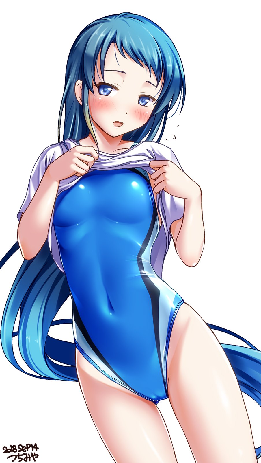 bangs blue_eyes blue_hair blue_swimsuit commentary_request competition_swimsuit covered_navel cowboy_shot flat_chest flying_sweatdrops gradient_hair highres kantai_collection long_hair multicolored_hair one-piece_swimsuit samidare_(kantai_collection) shirt shirt_lift simple_background solo standing swept_bangs swimsuit tsuchimiya very_long_hair white_background white_shirt