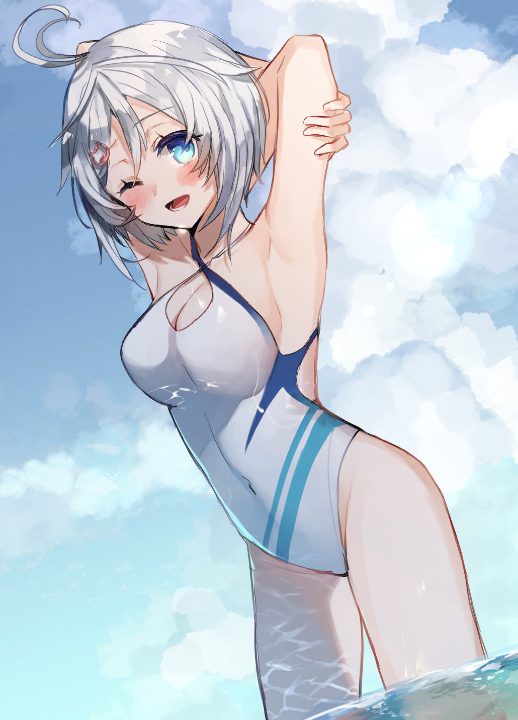 antenna_hair armpits arms_behind_head arms_up blue_eyes blue_sky blush breasts casual_one-piece_swimsuit chibirisu cloud commentary_request covered_navel criss-cross_halter day dennou_shoujo_youtuber_shiro dutch_angle eyebrows_visible_through_hair hair_between_eyes hair_ornament halterneck highres looking_at_viewer medium_breasts one-piece_swimsuit open_mouth outdoors shiro_(dennou_shoujo_youtuber_shiro) short_hair sky solo standing swimsuit virtual_youtuber wading white_hair white_swimsuit