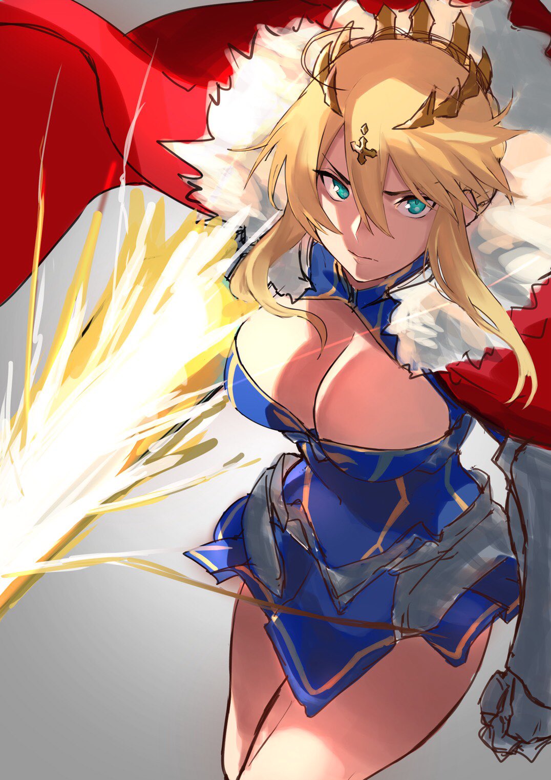 armor artoria_pendragon_(all) artoria_pendragon_(lancer) bangs blue_dress blue_gloves braid breasts cape cleavage closed_mouth commentary_request crown dress fate/grand_order fate_(series) french_braid fujitsubo_(hujitubo0731) fur-trimmed_cape fur_trim gauntlets gloves glowing glowing_weapon green_eyes hair_between_eyes highres lance large_breasts legs polearm red_cape rhongomyniad sidelocks sketch weapon work_in_progress