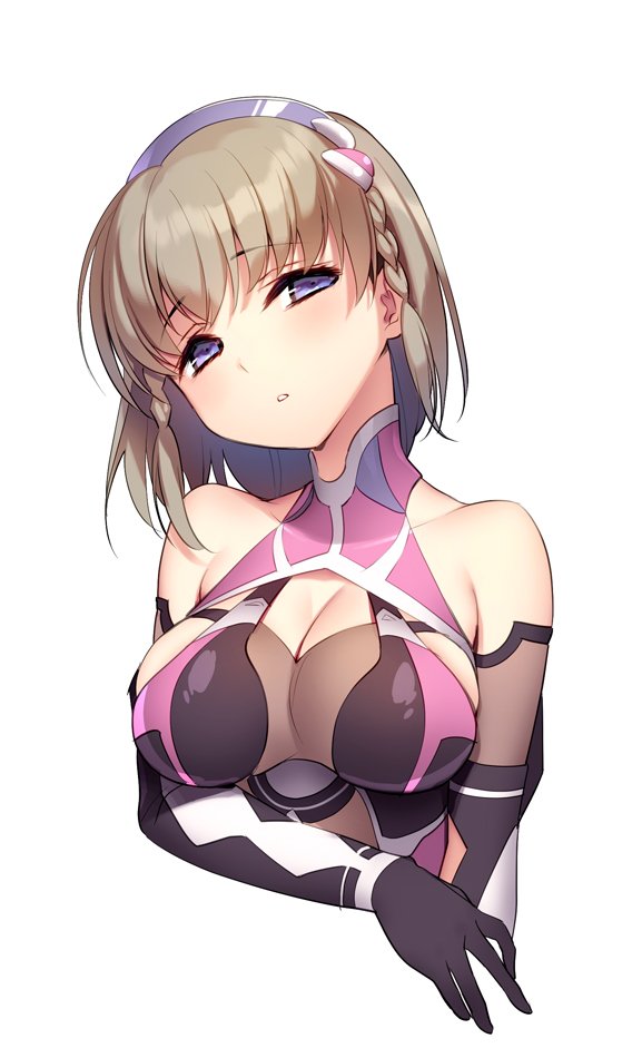 bodysuit braid breasts brown_hair cleavage copyright_request cropped_torso elbow_gloves eyebrows_visible_through_hair gloves hairband head_tilt large_breasts looking_at_viewer parted_lips purple_eyes short_hair simple_background solo tareme tsuyuta_kome twin_braids upper_body white_background