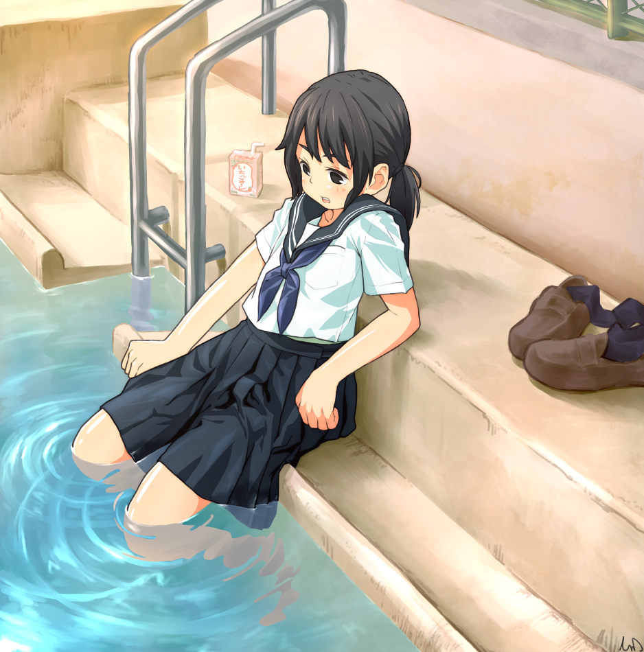 arm_support black_air black_eyes black_skirt blouse blue_neckwear brown_footwear commentary_request hair_tie juice_box ladder leaning_back loafers medium_skirt neckerchief open_mouth original pleated_skirt ponytail pool pool_ladder poolside school_uniform serafuku shoes shoes_removed short_sleeves sitting skirt smile soaking_feet solo tessaku_ro wet wet_clothes white_blouse