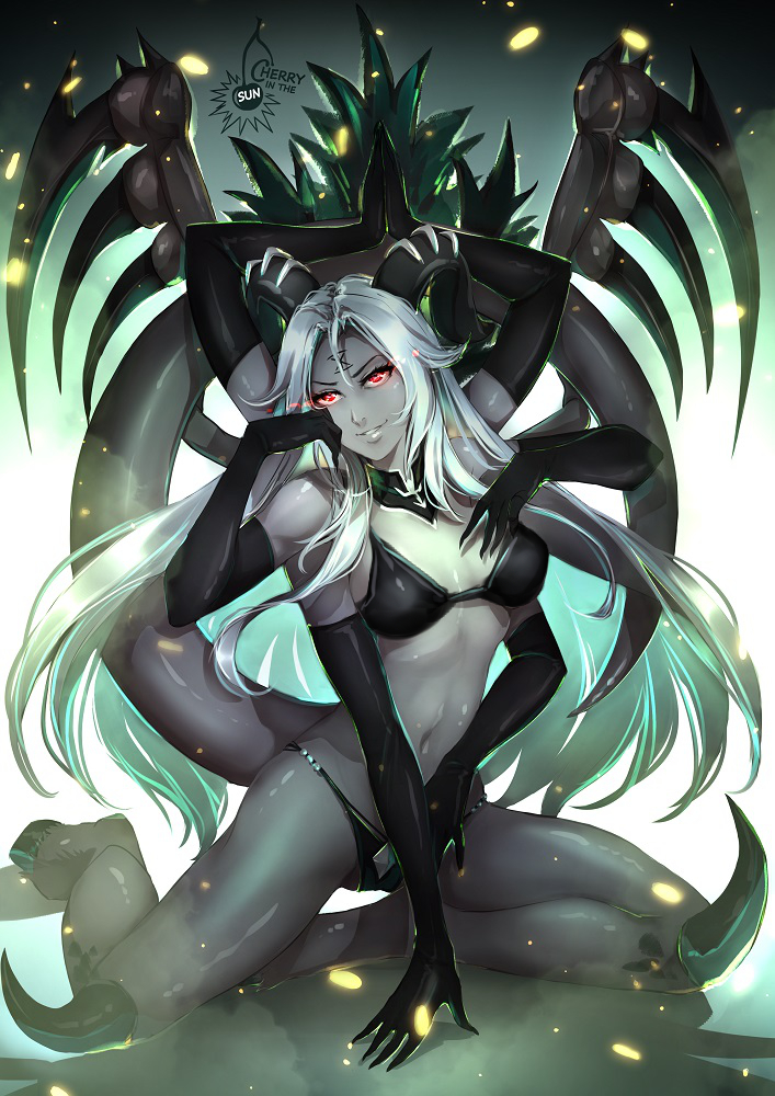 artist_name bikini black_bikini black_gloves breasts chaos_(warhammer) cherry_in_the_sun commentary commission demon_girl elbow_gloves english_commentary enteka_(khornette_quest) facial_mark forehead_mark full_body gloves glowing glowing_eyes grey_skin hooves horns khornette_quest kneeling long_hair medium_breasts multiple_arms navel parted_lips red_eyes silver_hair smile smirk solo spikes swimsuit tail very_long_hair warhammer_40k