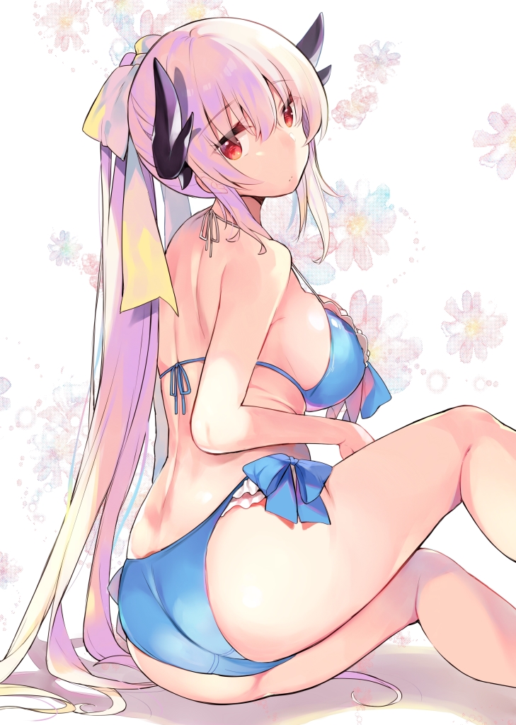 ass bangs bikini blue_bikini blue_ribbon breasts closed_mouth commentary_request expressionless eyebrows_visible_through_hair eyes_visible_through_hair fate/grand_order fate_(series) floral_background frilled_bikini frills from_side front-tie_bikini front-tie_top hair_ribbon halter_top halterneck head_tilt horns kibii_mocha kiyohime_(fate/grand_order) kiyohime_(swimsuit_lancer)_(fate) large_breasts long_hair looking_at_viewer red_eyes ribbon side-tie_bikini side-tie_bottom sidelocks silver_hair sitting solo swimsuit thighs very_long_hair yellow_ribbon