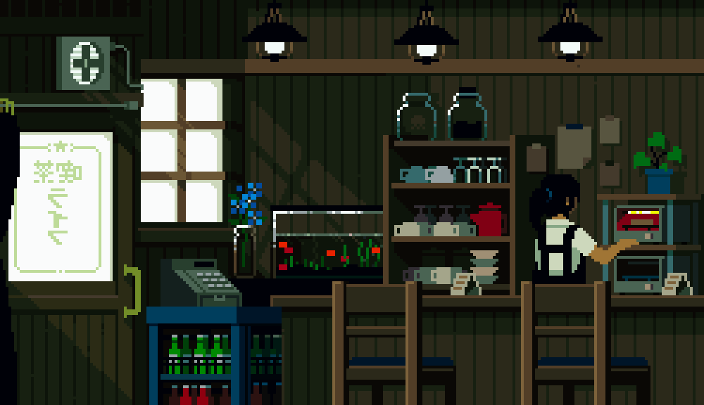 air_conditioner animated animated_gif black_hair bottle cafe cash_register chair cooking cup door fish fish_tank from_behind indoors lamp long_hair original pixel_art plant potted_plant revision shelf shirt short_sleeves solo toyoi_yuuta translation_request white_shirt window