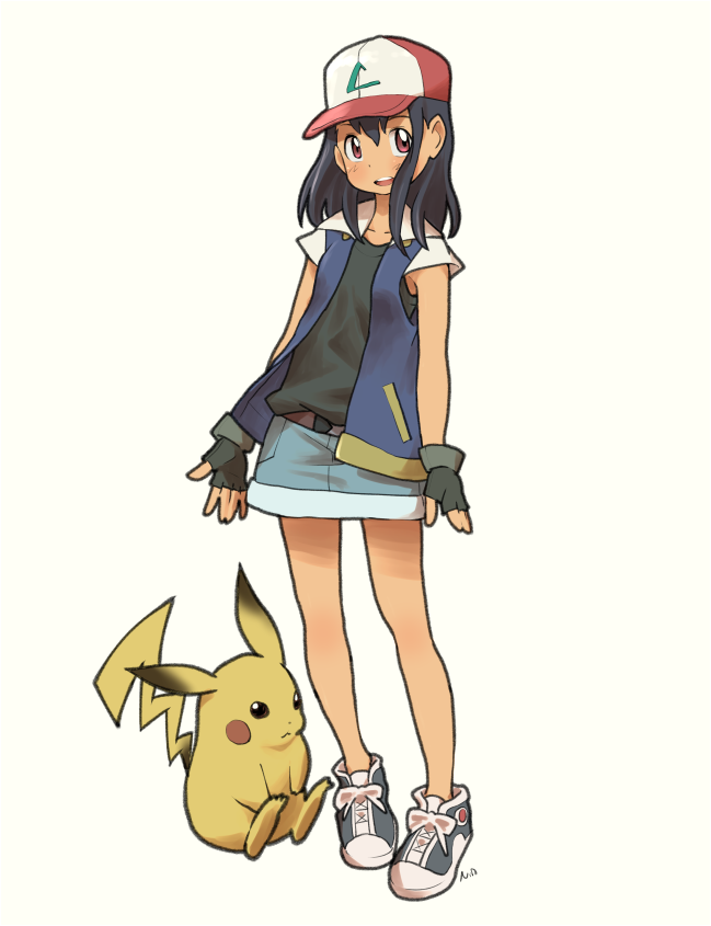 baseball_cap belt black_footwear black_gloves black_hair black_shirt blue_jacket blue_skirt commentary cross-laced_footwear dark_skin denim denim_skirt fingerless_gloves genderswap genderswap_(mtf) gloves hat jacket medium_hair open_clothes open_jacket pikachu pokemon pokemon_(anime) pokemon_(classic_anime) red_eyes red_hat satoshi_(pokemon) shirt shoes skirt sneakers tank_top tessaku_ro white_background