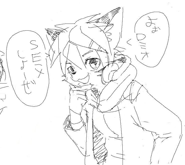 2012 cat clothing feline headphones japanese_text mammal manmosu_marimo open_mouth simple_background sketch solo text translation_request white_background