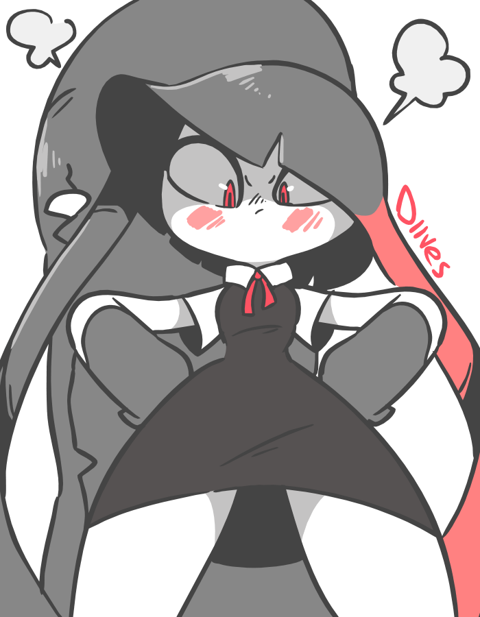 angry black_hair blush breasts clothing diives dress female gaghiel hair hands_on_hips long_hair looking_at_viewer looking_down mawile nintendo pok&eacute;mon pok&eacute;mon_(species) red_eyes school_uniform shirt signature simple_background small_breasts solo uniform video_games white_background