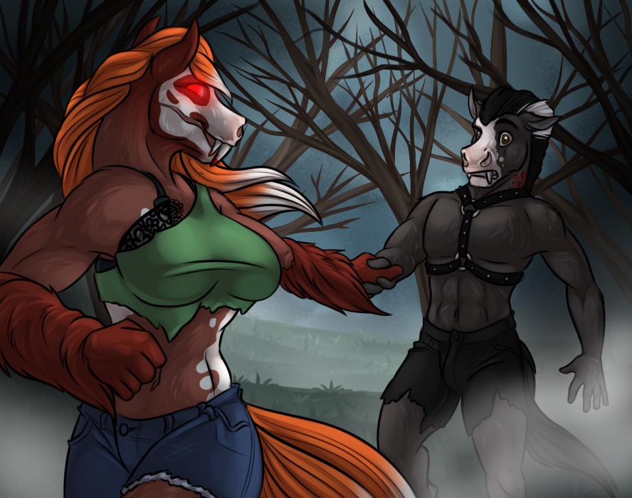 2016 amocin anthro blood breasts clothed clothing detailed_background digital_media_(artwork) duo equine eye_contact fangs female fog forest fur glowing glowing_eyes grass hair horse male mammal night outside red_eyes scared smile solo spooky standing thunder-hoof topless tree vampire