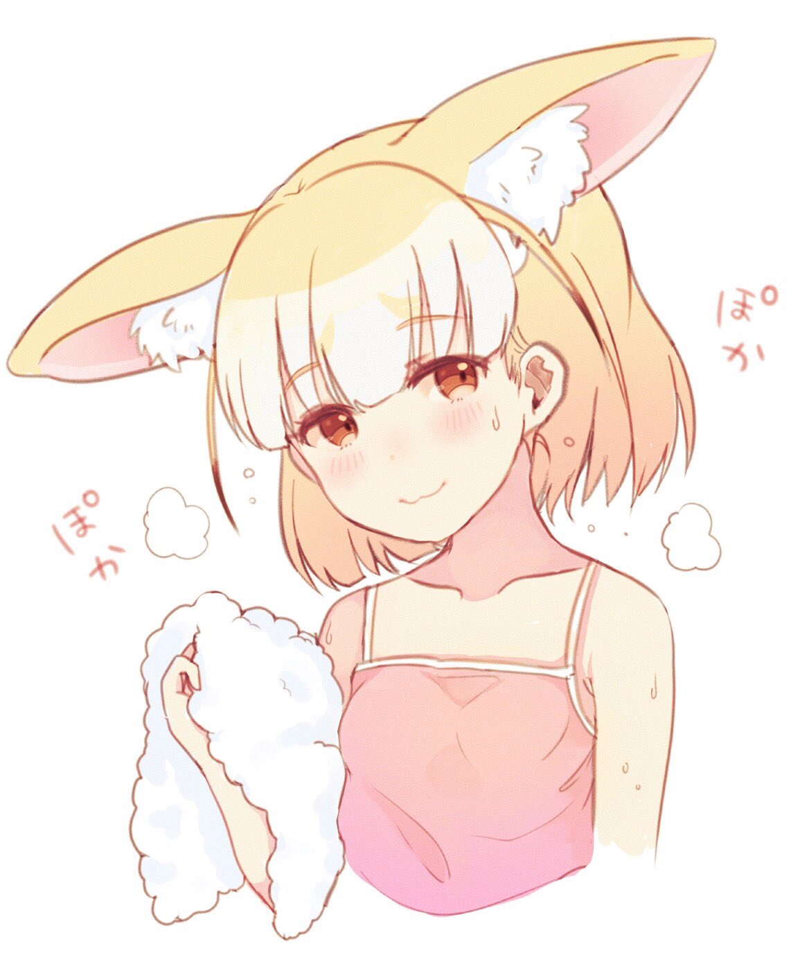 :3 alternate_costume ancolatte_(onikuanco) animal_ear_fluff animal_ears bare_shoulders blonde_hair blush closed_mouth collarbone commentary extra_ears eyebrows_visible_through_hair fennec_(kemono_friends) fox_ears highres kemono_friends short_hair simple_background sleeveless smile solo spaghetti_strap sweatdrop tank_top towel translated upper_body white_background