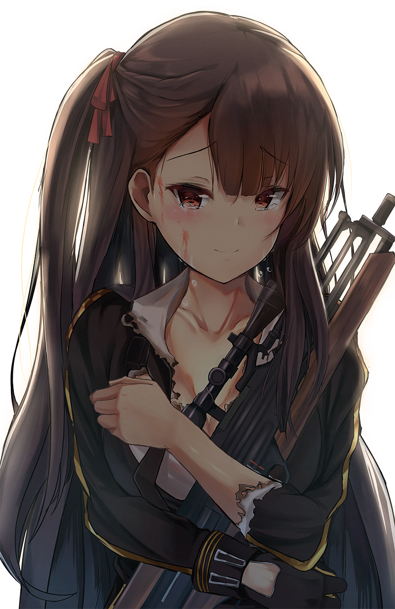 asymmetrical_bangs bangs black_gloves black_jacket blood blood_on_face blush breasts brown_hair bullpup burnt_clothes cleavage closed_mouth collarbone collared_shirt commentary crying crying_with_eyes_open eyebrows_visible_through_hair girls_frontline gloves gun hair_ribbon happy_tears highres jacket long_hair long_sleeves medium_breasts namesake object_hug object_namesake one_side_up red_eyes red_ribbon ribbon rifle septet_(zrca_janne) shirt single_glove sleeves_past_elbows smile sniper_rifle solo straight_hair tears transparent_background upper_body very_long_hair wa2000_(girls_frontline) walther walther_wa_2000 weapon white_shirt