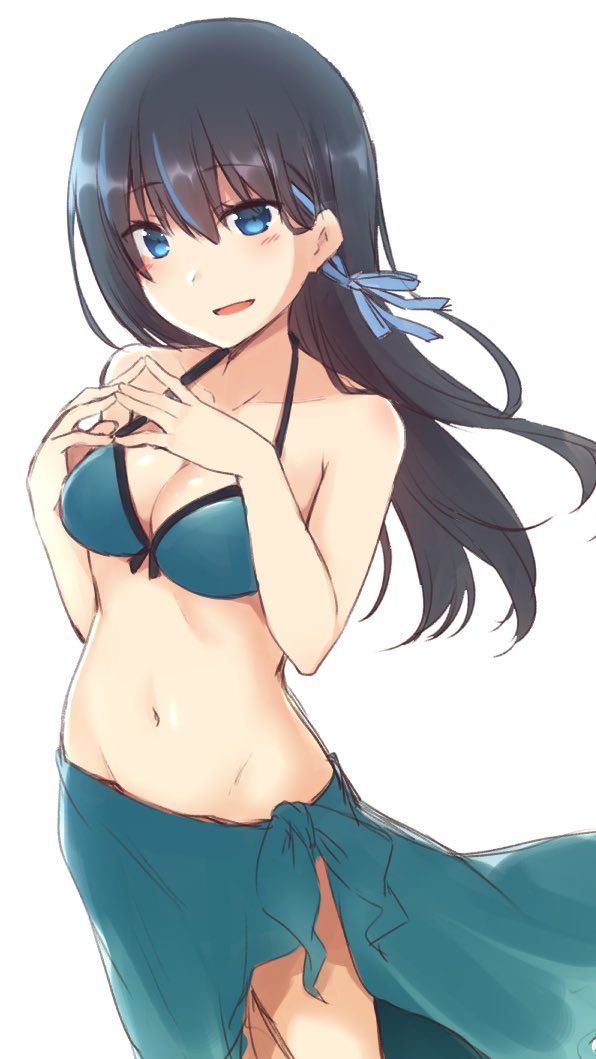 bangs bare_arms bare_shoulders bikini black_hair blue_bikini blue_eyes blue_ribbon blue_sarong blush breasts cleavage collarbone commentary copyright_request eyebrows_visible_through_hair hair_between_eyes hair_ribbon half-closed_eye hands_up long_hair medium_breasts nagami_yuu navel parted_lips ribbon sarong simple_background smile solo steepled_fingers swimsuit uneven_eyes very_long_hair white_background