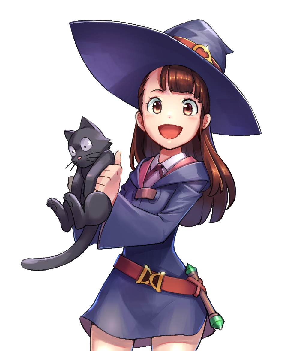 :d asymmetrical_bangs bangs belt black_cat brown_eyes brown_hair cat collared_shirt cowboy_shot dress eyebrows_visible_through_hair hat holding holding_cat hood hood_down hooded_dress kagari_atsuko little_witch_academia long_sleeves looking_at_viewer luna_nova_school_uniform neck_ribbon open_mouth paws pinafore_dress purple_hat ribbon school_uniform shirt shirt_under_dress simple_background sirious_long smile solo whiskers white_background wide_sleeves witch witch_hat