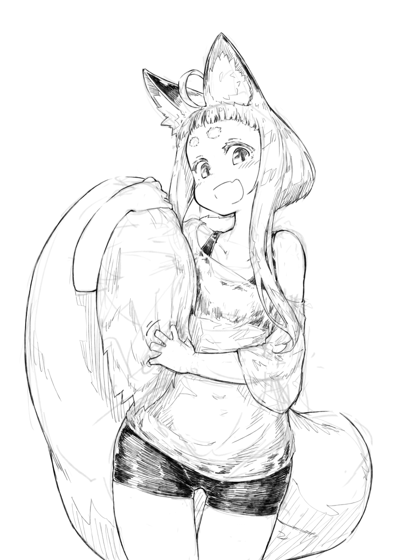 :d ahoge animal_ear_fluff animal_ears bangs bike_shorts blunt_bangs blush commentary_request cowboy_shot fang fox_ears fox_girl fox_girl_(jaco) fox_tail greyscale holding_own_tail jaco long_hair long_tail looking_at_viewer monochrome off-shoulder_shirt open_mouth original see-through shirt short_hair_with_long_locks short_sleeves sidelocks simple_background smile solo standing tail thick_eyebrows white_background