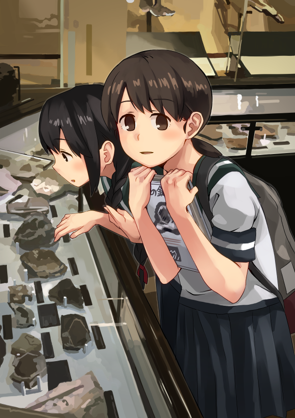backpack bag bangs black_eyes black_hair blue_sailor_collar blue_skirt book braid brown_eyes brown_hair collared_shirt commentary counter display fossil glass hair_between_eyes holding holding_book indoors isonami_(kantai_collection) kantai_collection leaning_forward looking_at_viewer looking_down low_twintails makio_(makiomeigenbot) multiple_girls museum neckerchief parted_lips pleated_skirt rock sailor_collar school_uniform serafuku shirayuki_(kantai_collection) shirt short_sleeves short_twintails sidelocks skirt standing twintails