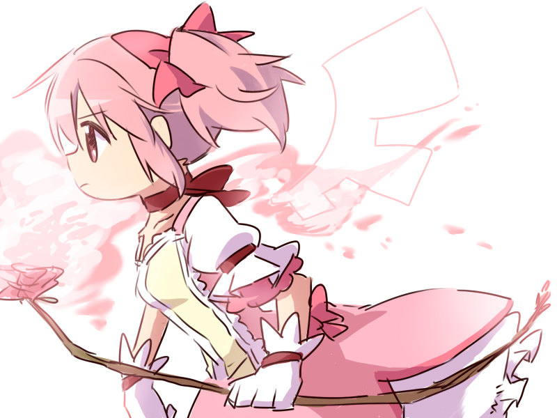 bow breasts bubble_skirt choker eyebrows_visible_through_hair flower frown gloves hair_ribbon holding iwashi_(ankh) kaname_madoka looking_away magical_girl mahou_shoujo_madoka_magica pink pink_eyes pink_flower pink_hair pink_ribbon pink_rose profile puffy_short_sleeves puffy_sleeves ribbon rose serious short_sleeves simple_background skirt small_breasts solo twintails upper_body walking white white_background white_gloves wings