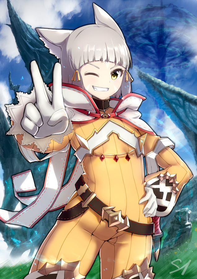 ;) animal_ears blue_sky cat_ears clenched_teeth cloud commentary_request day gloves grey_hair hair_ribbon hand_on_hip long_sleeves looking_at_viewer marusan niyah one_eye_closed outdoors puffy_long_sleeves puffy_sleeves ribbon short_hair sidelocks sky smile solo standing teeth v white_gloves xenoblade_(series) xenoblade_2 yellow_eyes yellow_ribbon
