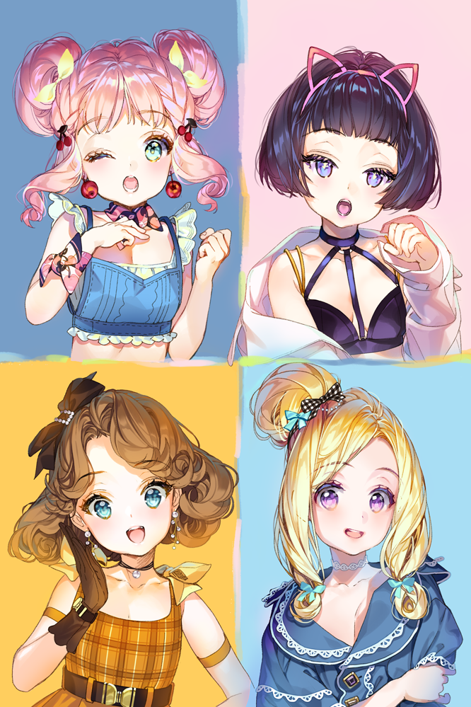 :d ;o animal_ears bangs black_bow blonde_hair blue_bow blue_eyes blue_shirt blunt_bangs blush bow breasts brown_bow brown_dress brown_gloves brown_hair cat_ears cherrypin choker crop_top double_bun dress earrings eyebrows_visible_through_hair fake_animal_ears gloves green_eyes hair_bow hair_bun hairband hands_up jewelry long_hair long_sleeves multiple_girls one_eye_closed open_mouth original paw_pose pink_hair pink_hairband plaid plaid_bow plaid_dress purple_choker purple_eyes purple_hair shirt short_hair short_sleeves side_bun sidelocks sleeveless sleeveless_dress sleeves_past_wrists small_breasts smile swept_bangs white_shirt