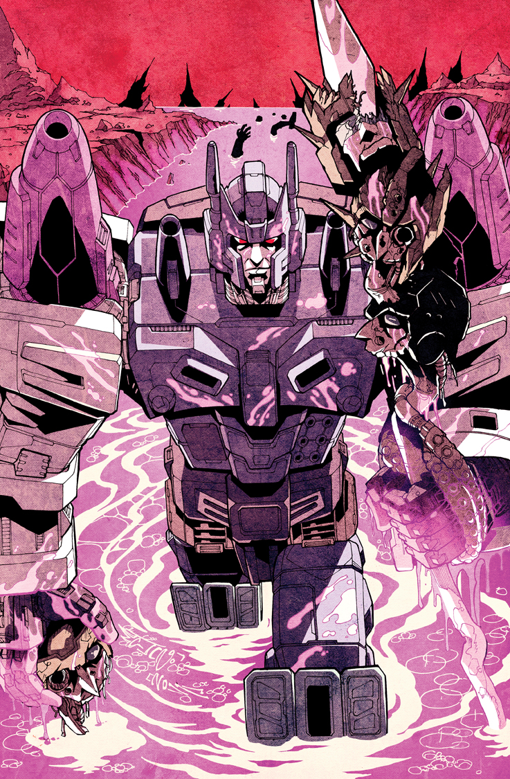 alex_milne closed_mouth colorful commentary decepticon disembodied_head english_commentary high_contrast holding_head looking_at_viewer machinery mecha no_humans official_art oldschool outdoors overlord_(idw) overlord_(transformers) pink polearm red_eyes science_fiction smile solo spear teeth the_transformers_(idw) transformers weapon