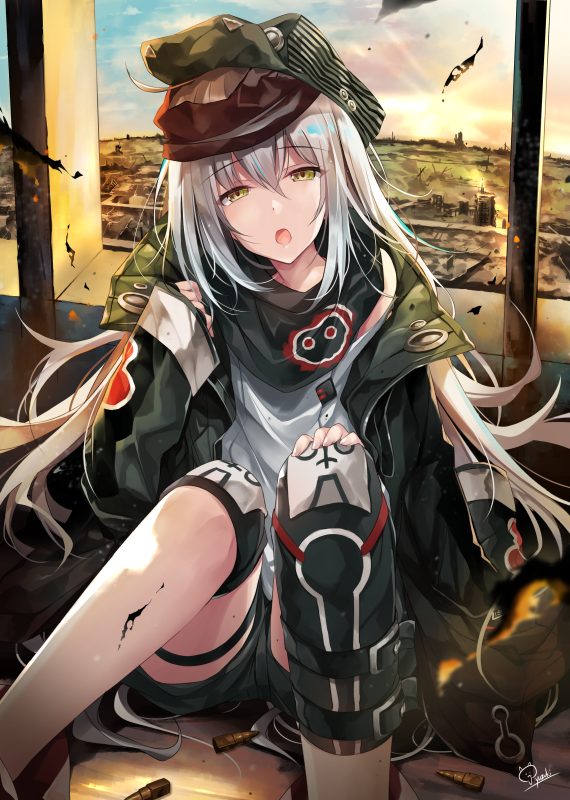 bangs blue_sky blush brown_eyes bullet cloud coat commentary_request day eyebrows_visible_through_hair floating_hair g11_(girls_frontline) girls_frontline green_coat grey_shirt hair_between_eyes half-closed_eyes hand_on_own_knee hand_up hat hirai_yuzuki indoors jacket knees_up long_hair looking_at_viewer off_shoulder open_clothes open_mouth red_scarf scarf scarf_on_head shirt shorts shoulder_cutout signature silver_hair single_knee_pad sitting sky sleeves_past_wrists solo sun sunset thigh_strap torn_clothes very_long_hair wind